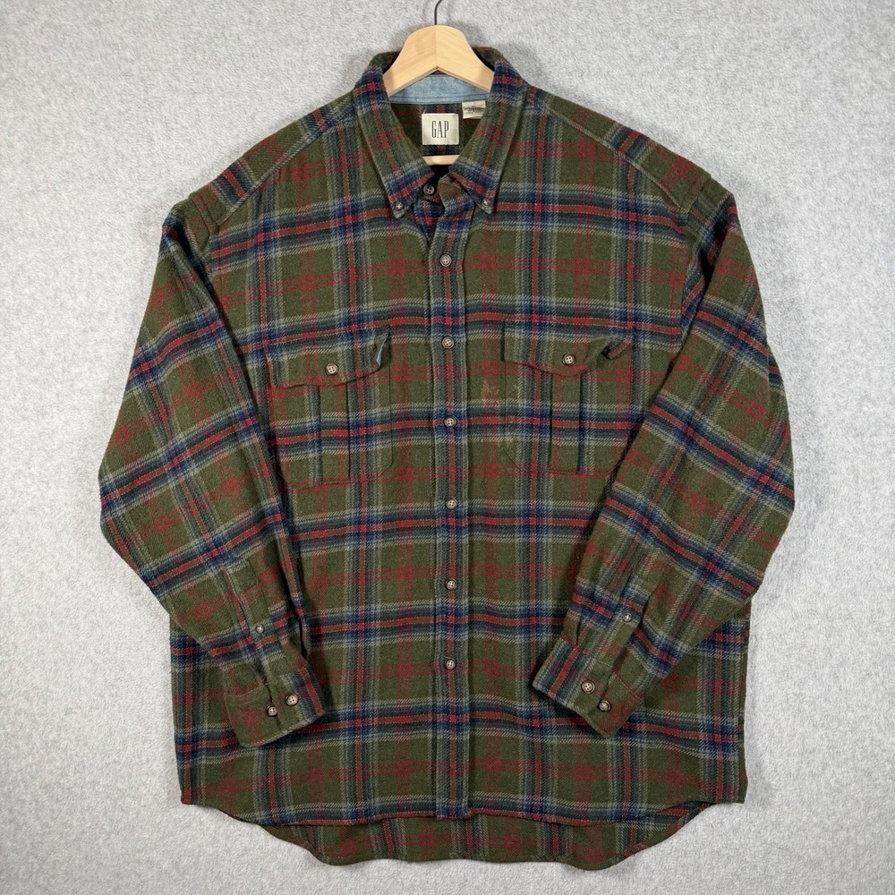 VTG Gap Wool Flannel Shirt Mens XL Green Plaid Button Up Heritage Shacket 90s